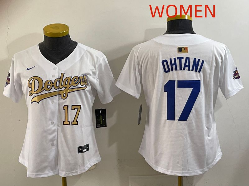 Women Los Angeles Dodgers #17 Ohtani White Champion edition Nike MLB Jersey style 009
